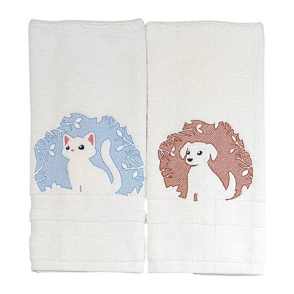 Cat and Dog Embroidered Hand Towel Set of 2