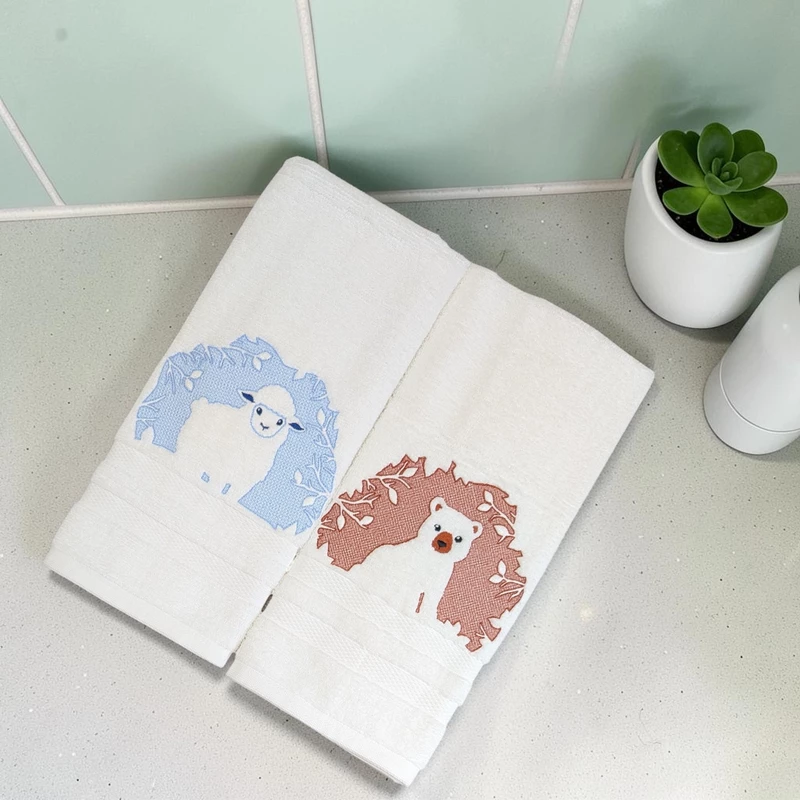 Sheep and Bear Embroidered Hand Towel Set of 2