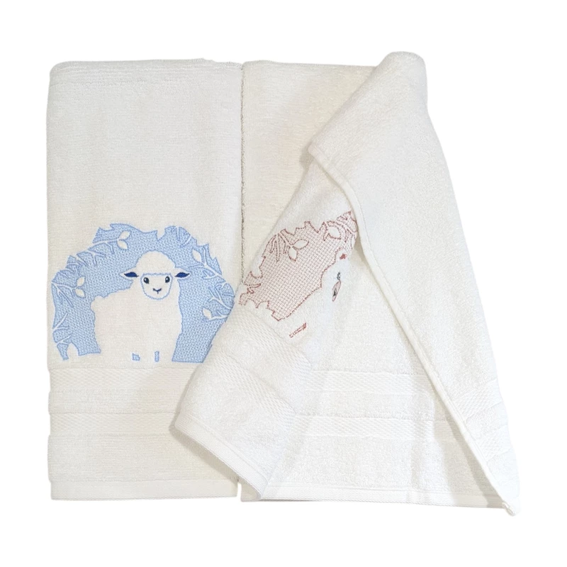 Sheep and Bear Embroidered Hand Towel Set of 2