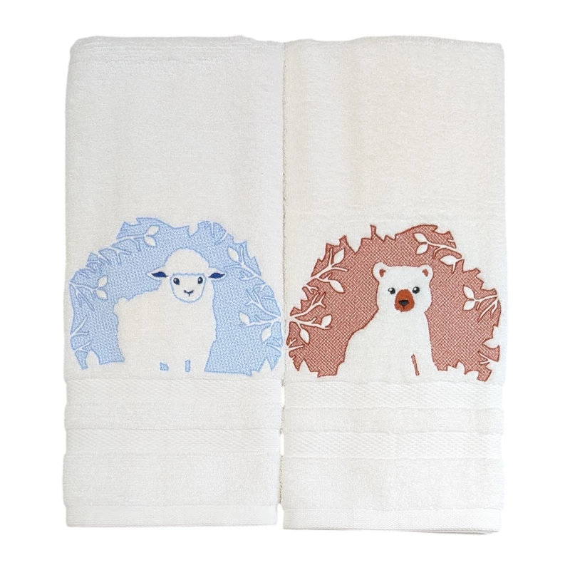 Sheep and Bear Embroidered Hand Towel Set of 2