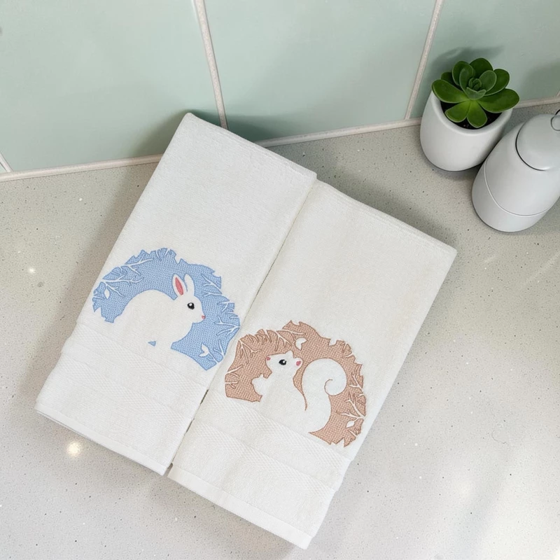 Rabbit and Squirrel Embroidered Hand Towel Set of 2