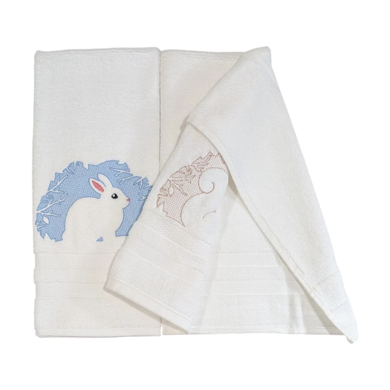 Rabbit and Squirrel Embroidered Hand Towel Set of 2