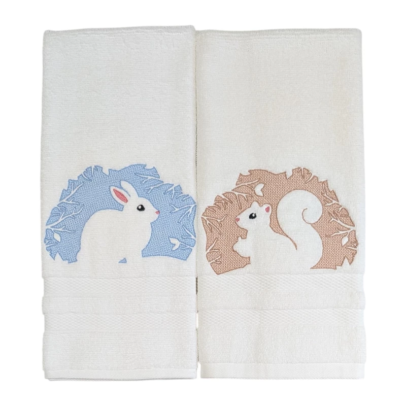 Rabbit and Squirrel Embroidered Hand Towel Set of 2