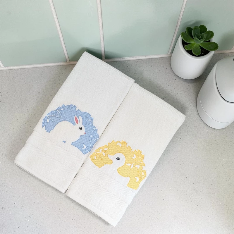 Rabbit and Duck Embroidered Hand Towel Set of 2