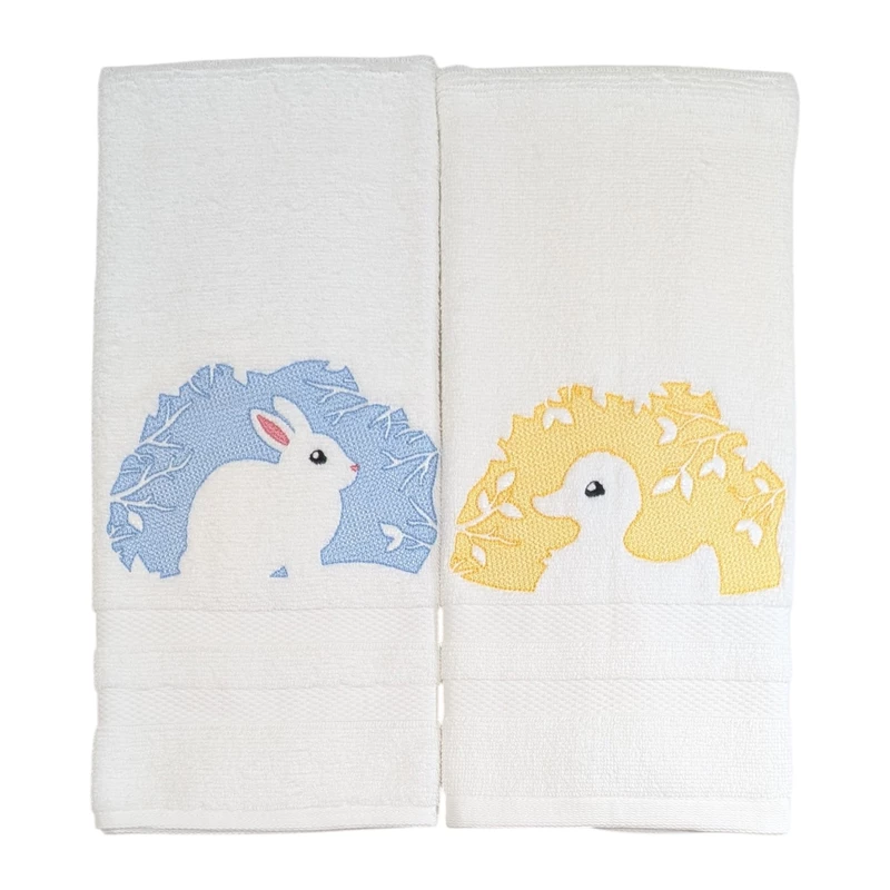 Rabbit and Duck Embroidered Hand Towel Set of 2