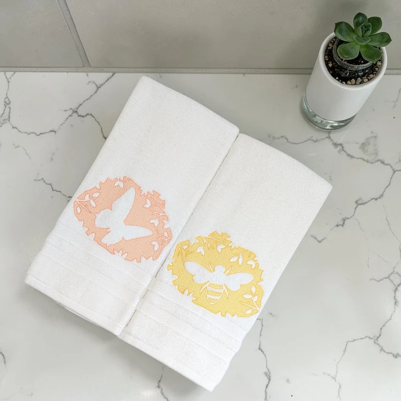 Butterfly and Bumble Bee Embroidered Hand Towel Set of 2