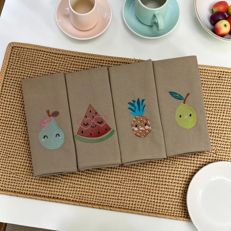 Fruit Embroidered Cotton Table Napkin Set of 4 in Beige