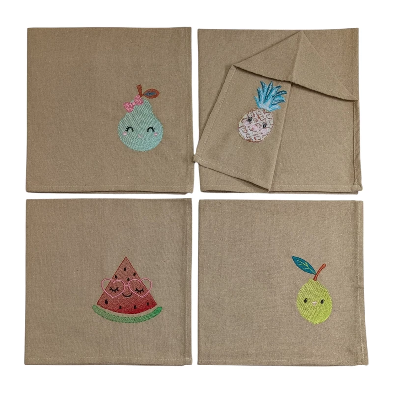 Fruit Embroidered Cotton Table Napkin Set of 4 in Beige