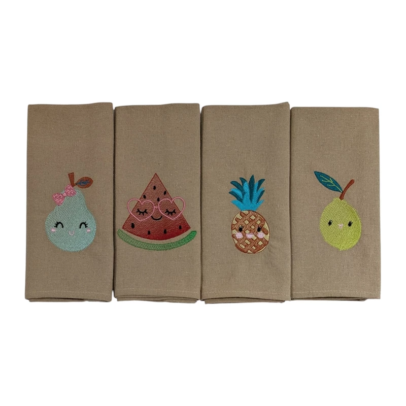 Fruit Embroidered Cotton Table Napkin Set of 4 in Beige