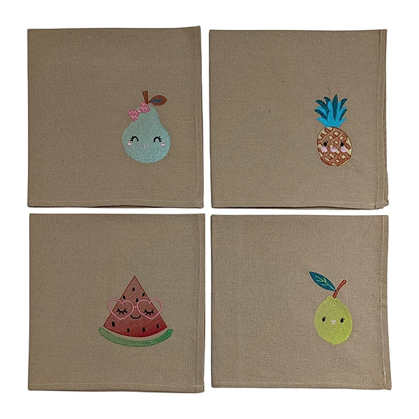 Fruit Embroidered Cotton Table Napkin Set of 4 in Beige