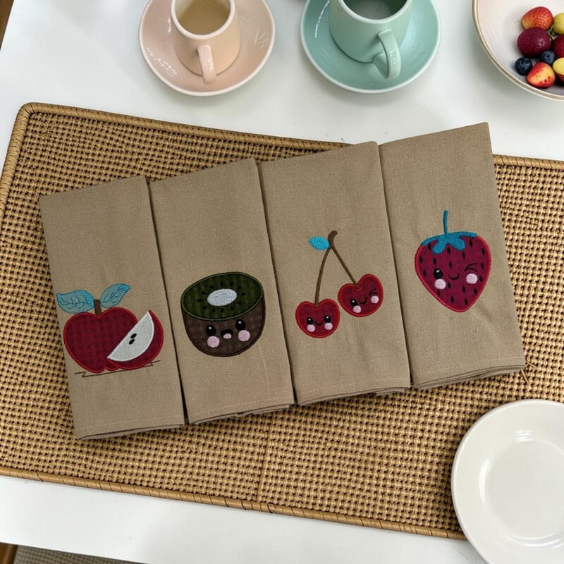 Fruit Embroidered Cotton Table Napkin Set of 4 with Applique in Beige