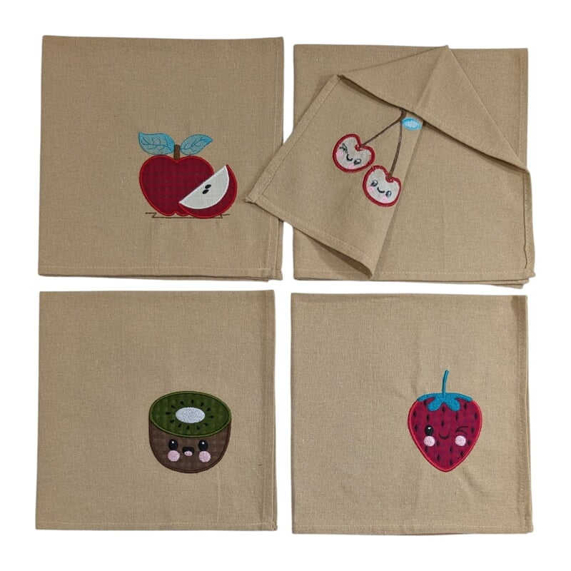 Fruit Embroidered Cotton Table Napkin Set of 4 with Applique in Beige