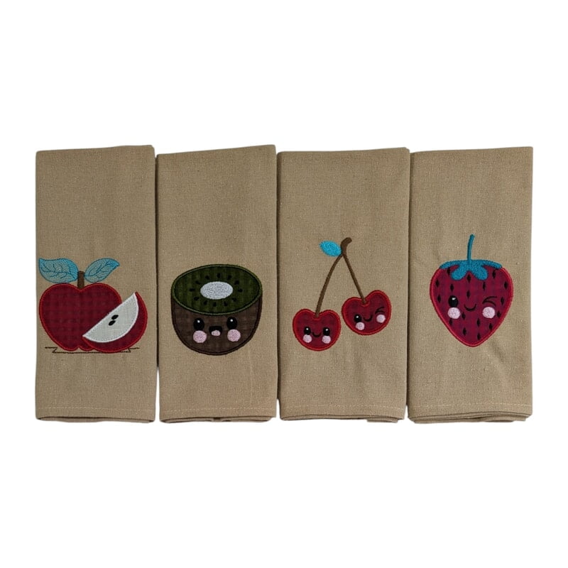 Fruit Embroidered Cotton Table Napkin Set of 4 with Applique in Beige