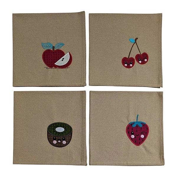 Fruit Embroidered Cotton Table Napkin Set of 4 with Applique in Beige