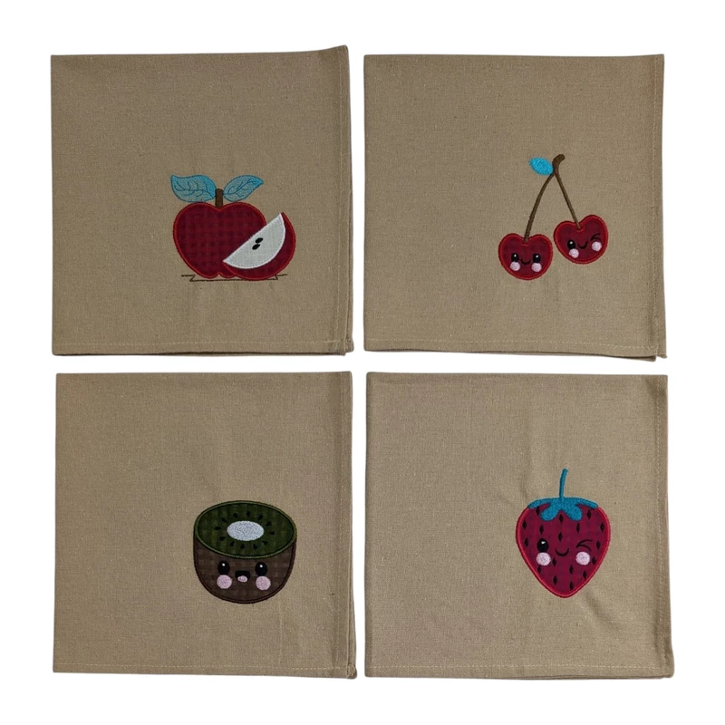 Fruit Embroidered Cotton Table Napkin Set of 4 with Applique in Beige