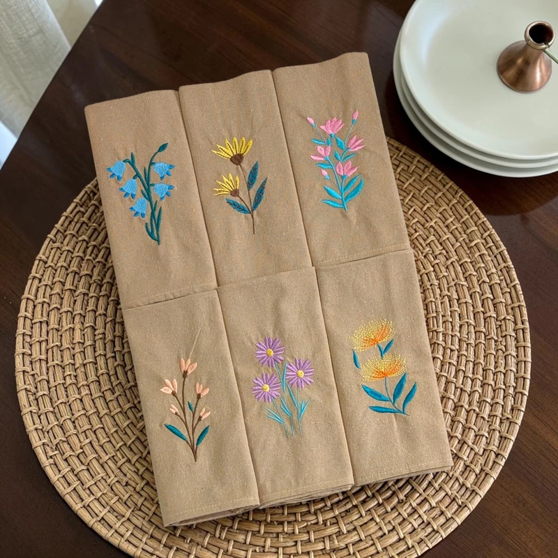 Bluebell, Yellow Coneflower, Snapdragon, Coral Bells, Purple Daisy and Yellow Banksia Embroidered Cotton Table Napkin Set of 6 in Beige