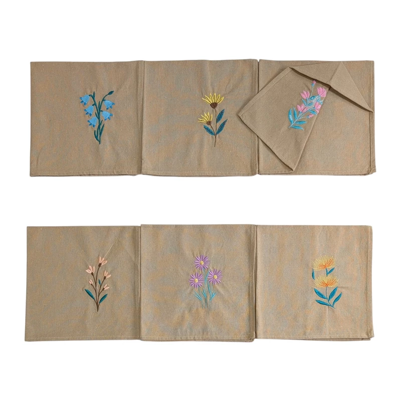 Bluebell, Yellow Coneflower, Snapdragon, Coral Bells, Purple Daisy and Yellow Banksia Embroidered Cotton Table Napkin Set of 6 in Beige
