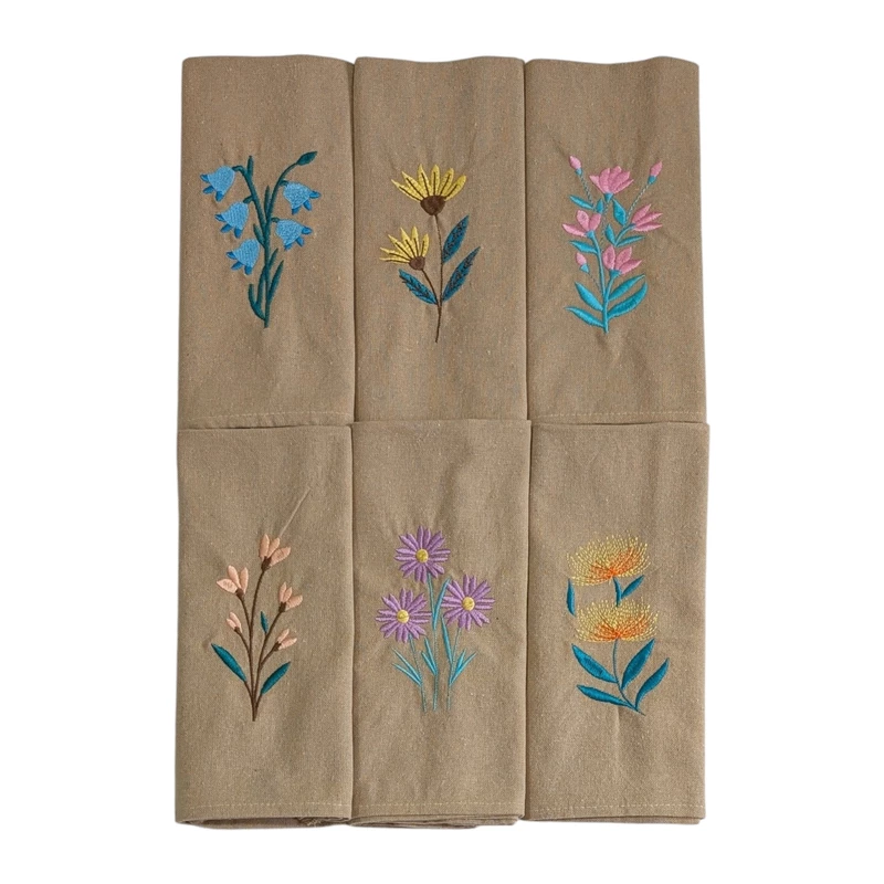 Bluebell, Yellow Coneflower, Snapdragon, Coral Bells, Purple Daisy and Yellow Banksia Embroidered Cotton Table Napkin Set of 6 in Beige