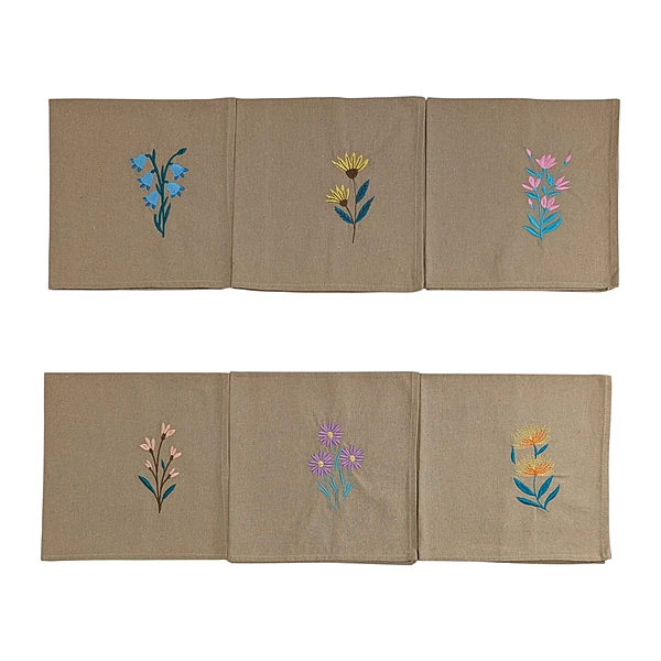 Bluebell, Yellow Coneflower, Snapdragon, Coral Bells, Purple Daisy and Yellow Banksia Embroidered Cotton Table Napkin Set of 6 in Beige
