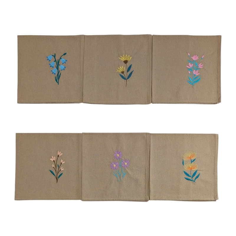 Bluebell, Yellow Coneflower, Snapdragon, Coral Bells, Purple Daisy and Yellow Banksia Embroidered Cotton Table Napkin Set of 6 in Beige