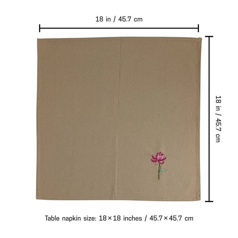 Chrysanthemum, Gladiolus, Lotus, Rose, Daisy and Daffodil Embroidered Cotton Table Napkin Set of 6 in Beige