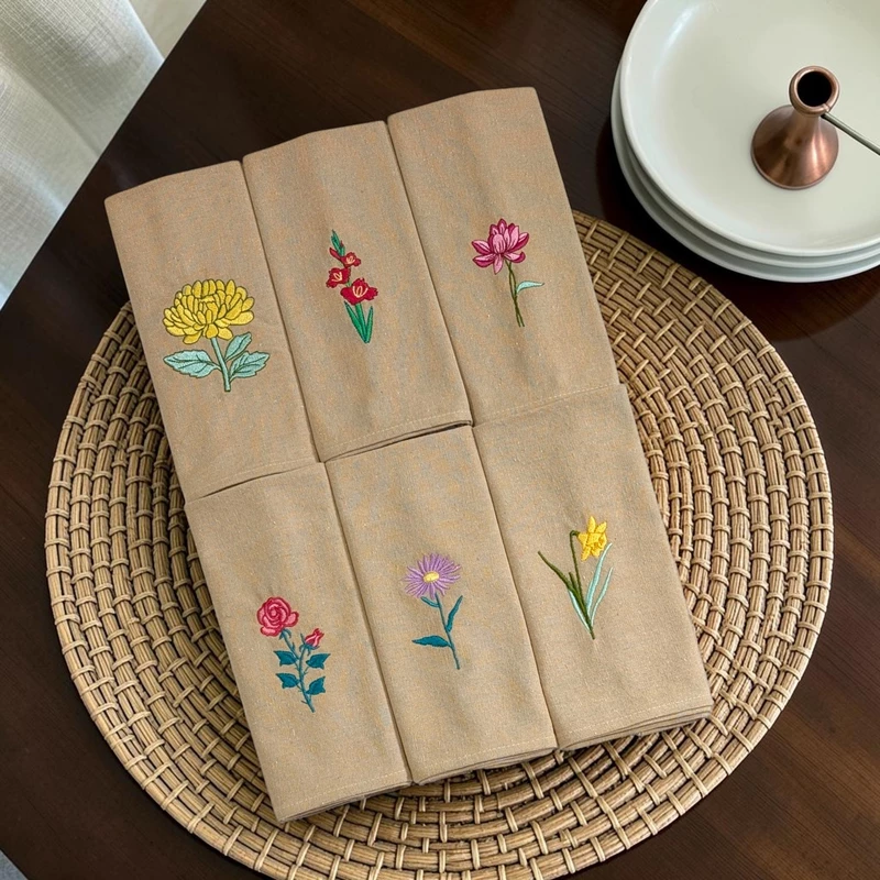 Chrysanthemum, Gladiolus, Lotus, Rose, Daisy and Daffodil Embroidered Cotton Table Napkin Set of 6 in Beige
