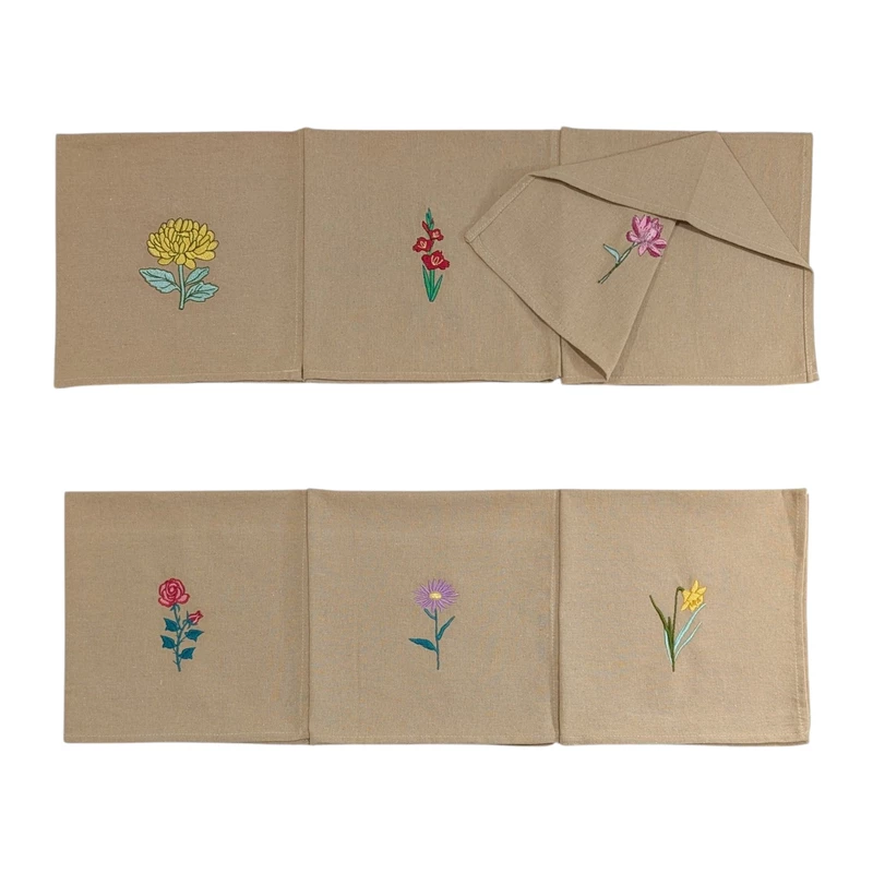 Chrysanthemum, Gladiolus, Lotus, Rose, Daisy and Daffodil Embroidered Cotton Table Napkin Set of 6 in Beige