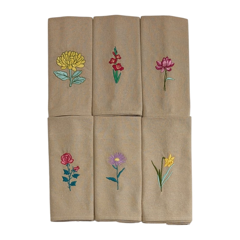 Chrysanthemum, Gladiolus, Lotus, Rose, Daisy and Daffodil Embroidered Cotton Table Napkin Set of 6 in Beige