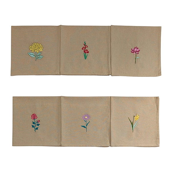 Chrysanthemum, Gladiolus, Lotus, Rose, Daisy and Daffodil Embroidered Cotton Table Napkin Set of 6 in Beige
