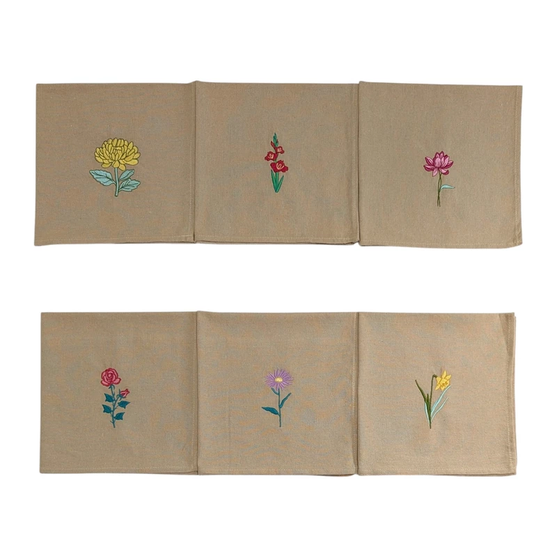 Chrysanthemum, Gladiolus, Lotus, Rose, Daisy and Daffodil Embroidered Cotton Table Napkin Set of 6 in Beige