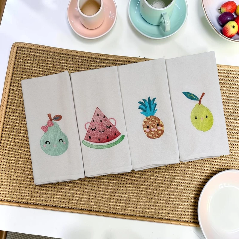 Fruit Embroidered Cotton Table Napkin Set of 4 in White