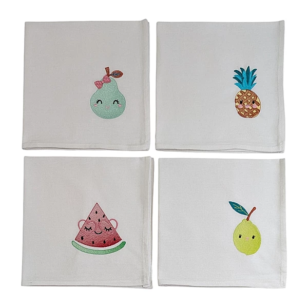 Fruit Embroidered Cotton Table Napkin Set of 4 in White