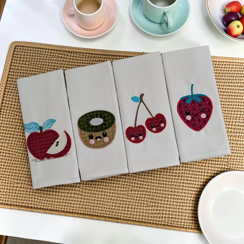 Fruit Embroidered Cotton Table Napkin Set of 4 with Applique in White