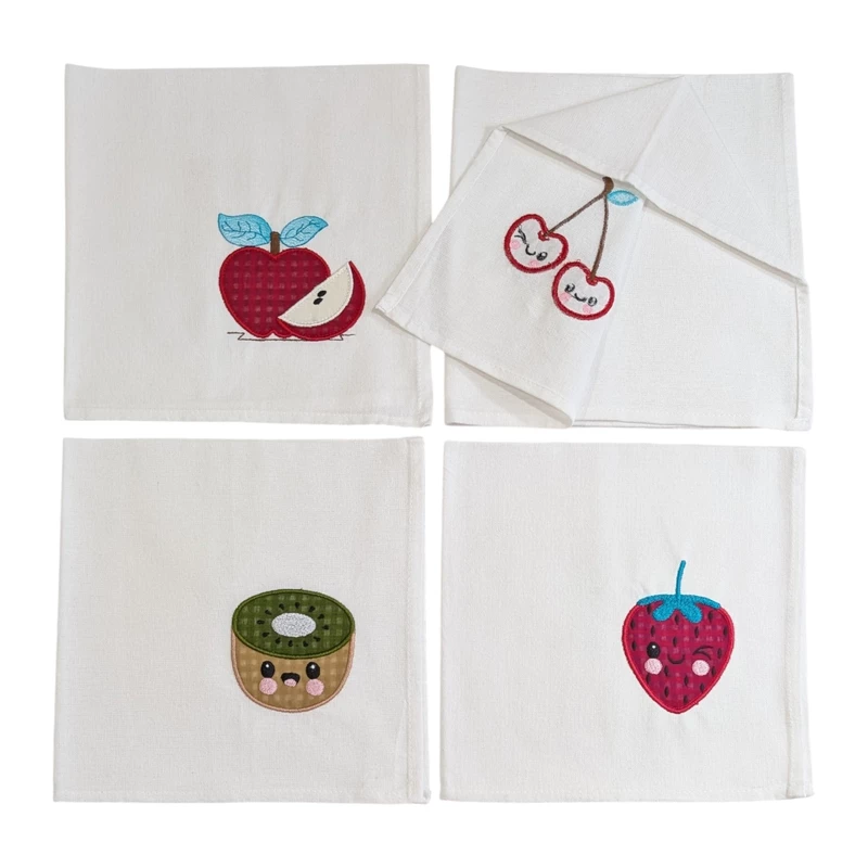 Fruit Embroidered Cotton Table Napkin Set of 4 with Applique in White