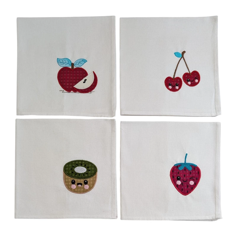 Fruit Embroidered Cotton Table Napkin Set of 4 with Applique in White