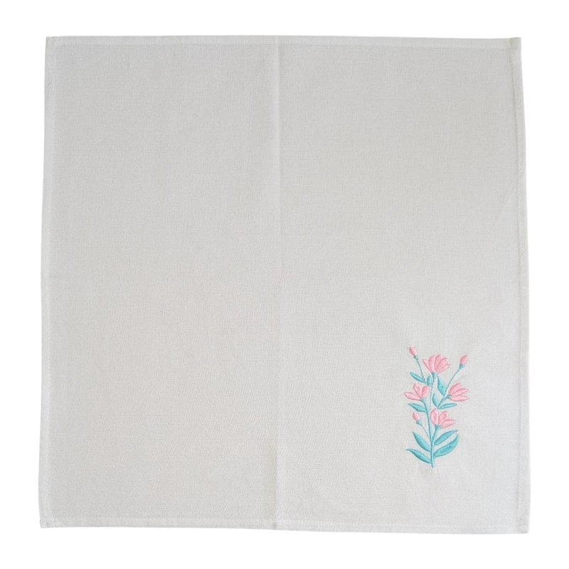 Bluebell, Yellow Coneflower, Snapdragon, Coral Bells, Purple Daisy and Yellow Banksia Embroidered Cotton Table Napkin Set of 6 in White