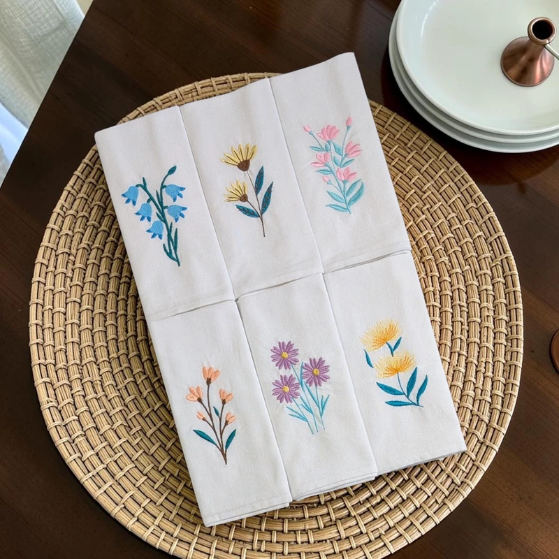 Bluebell, Yellow Coneflower, Snapdragon, Coral Bells, Purple Daisy and Yellow Banksia Embroidered Cotton Table Napkin Set of 6 in White