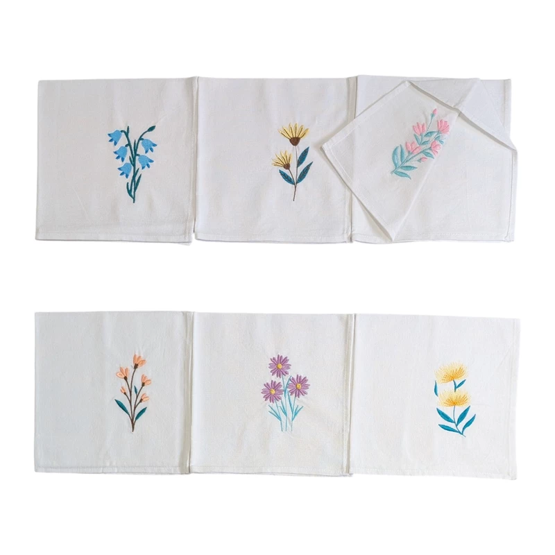 Bluebell, Yellow Coneflower, Snapdragon, Coral Bells, Purple Daisy and Yellow Banksia Embroidered Cotton Table Napkin Set of 6 in White