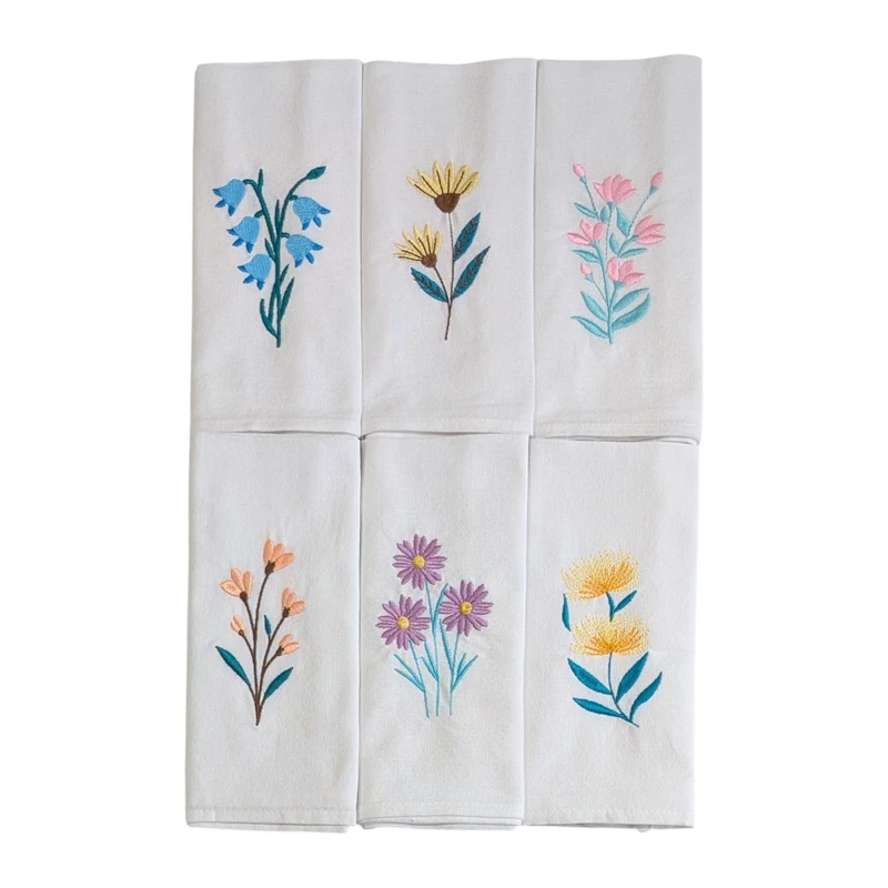 Bluebell, Yellow Coneflower, Snapdragon, Coral Bells, Purple Daisy and Yellow Banksia Embroidered Cotton Table Napkin Set of 6 in White