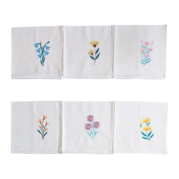 Bluebell, Yellow Coneflower, Snapdragon, Coral Bells, Purple Daisy and Yellow Banksia Embroidered Cotton Table Napkin Set of 6 in White