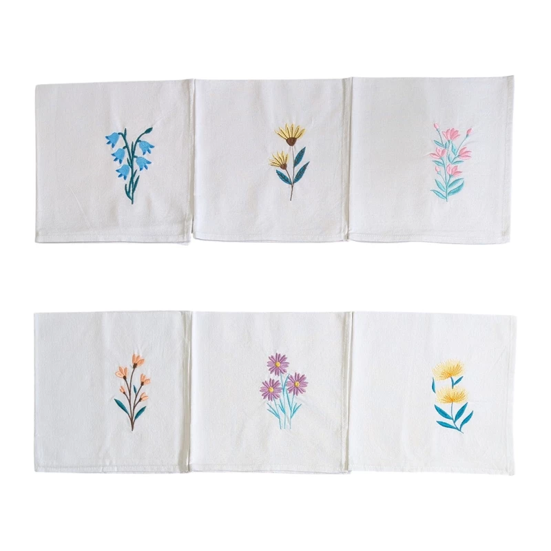 Bluebell, Yellow Coneflower, Snapdragon, Coral Bells, Purple Daisy and Yellow Banksia Embroidered Cotton Table Napkin Set of 6 in White