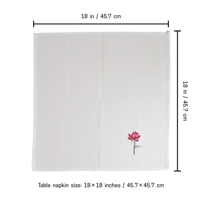 Chrysanthemum, Gladiolus, Lotus, Rose, Daisy and Daffodil Embroidered Cotton Table Napkin Set of 6 in White