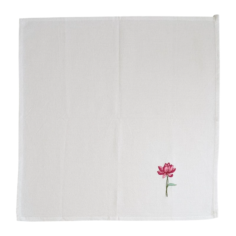 Chrysanthemum, Gladiolus, Lotus, Rose, Daisy and Daffodil Embroidered Cotton Table Napkin Set of 6 in White