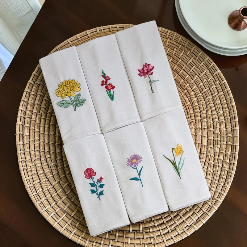 Chrysanthemum, Gladiolus, Lotus, Rose, Daisy and Daffodil Embroidered Cotton Table Napkin Set of 6 in White