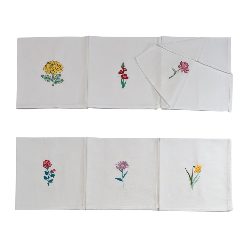 Chrysanthemum, Gladiolus, Lotus, Rose, Daisy and Daffodil Embroidered Cotton Table Napkin Set of 6 in White