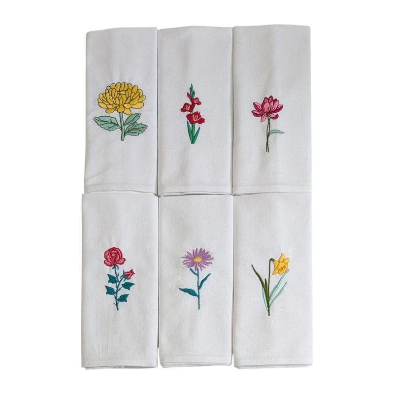 Chrysanthemum, Gladiolus, Lotus, Rose, Daisy and Daffodil Embroidered Cotton Table Napkin Set of 6 in White