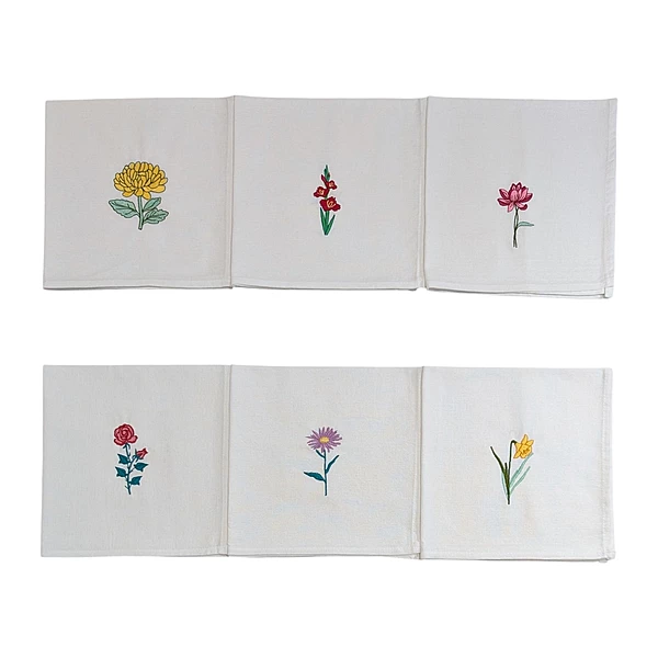 Chrysanthemum, Gladiolus, Lotus, Rose, Daisy and Daffodil Embroidered Cotton Table Napkin Set of 6 in White