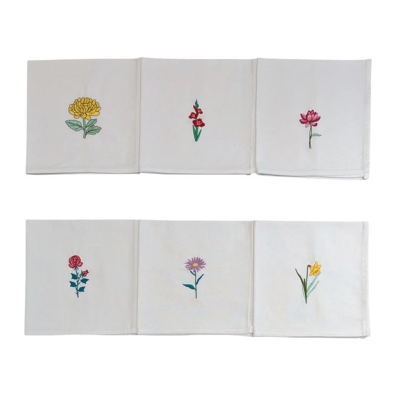 Chrysanthemum, Gladiolus, Lotus, Rose, Daisy and Daffodil Embroidered Cotton Table Napkin Set of 6 in White