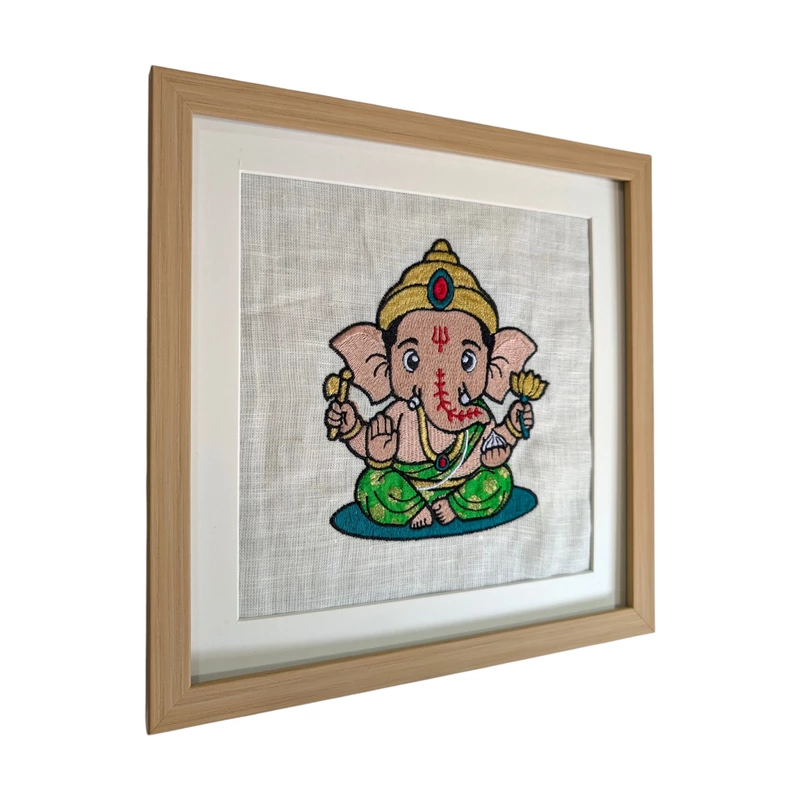 Artist-Designed Baby Ganesha Embroidered Textile Wall Art Frame with Applique by Threadteller