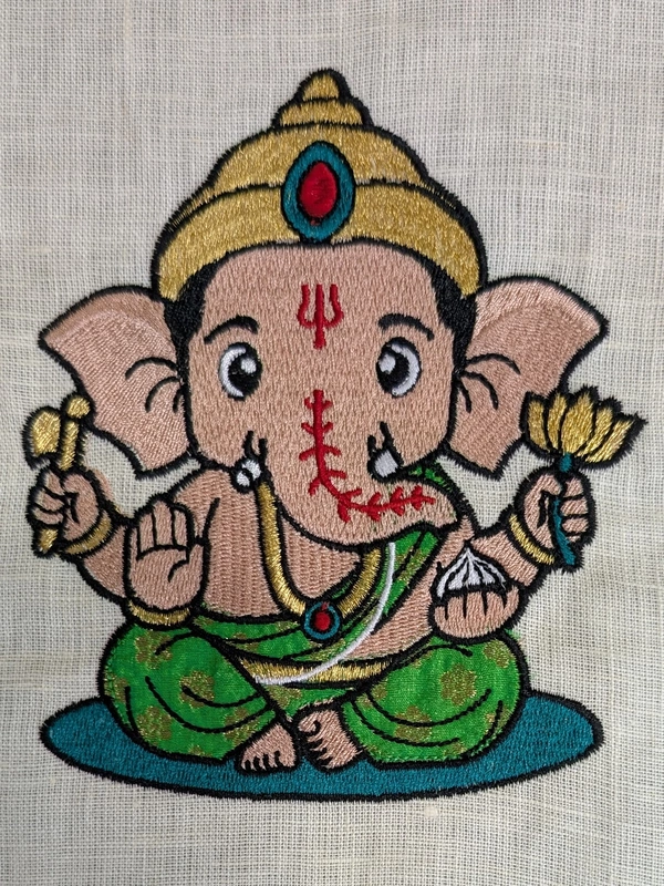 Artist-Designed Baby Ganesha Embroidered Textile Wall Art Frame with Applique by Threadteller